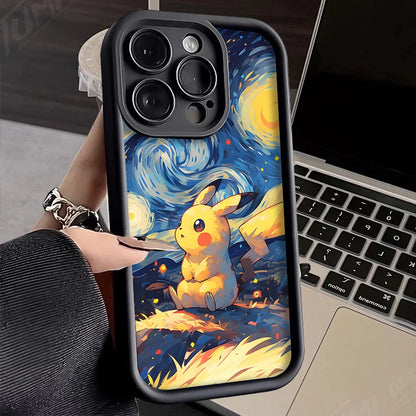 Oil Painting P-Pokemon Case for iPhone 14 15 Pro Max 13 12 11 X XS XR 7 8 Plus SE 2020 Shockproof Soft Silicone Protective Cover
