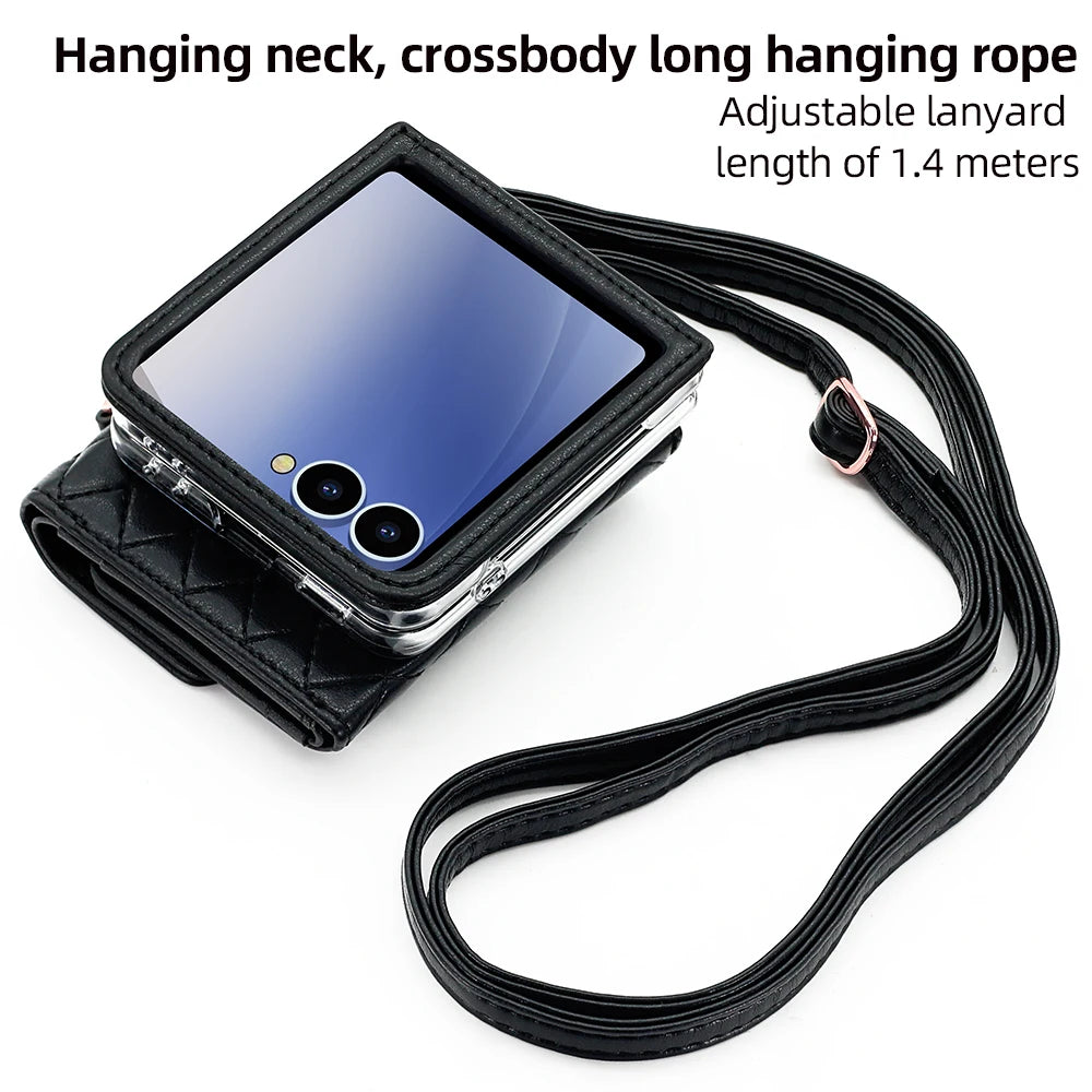 VIETAO Luxury Soft PU Leather Wallet Phone Case for Galaxy Z Flip 7/6/5/4/3 with Crossbody Strap - Durable Protective Cover