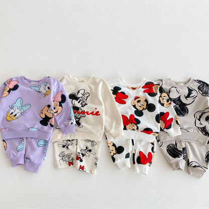 Full-print Minnie Cute Baby Girls Sweatshirt Suit Spring Fall Children's Clothes Loose Fashion Long Sleeve Tops Pants 2piece Set