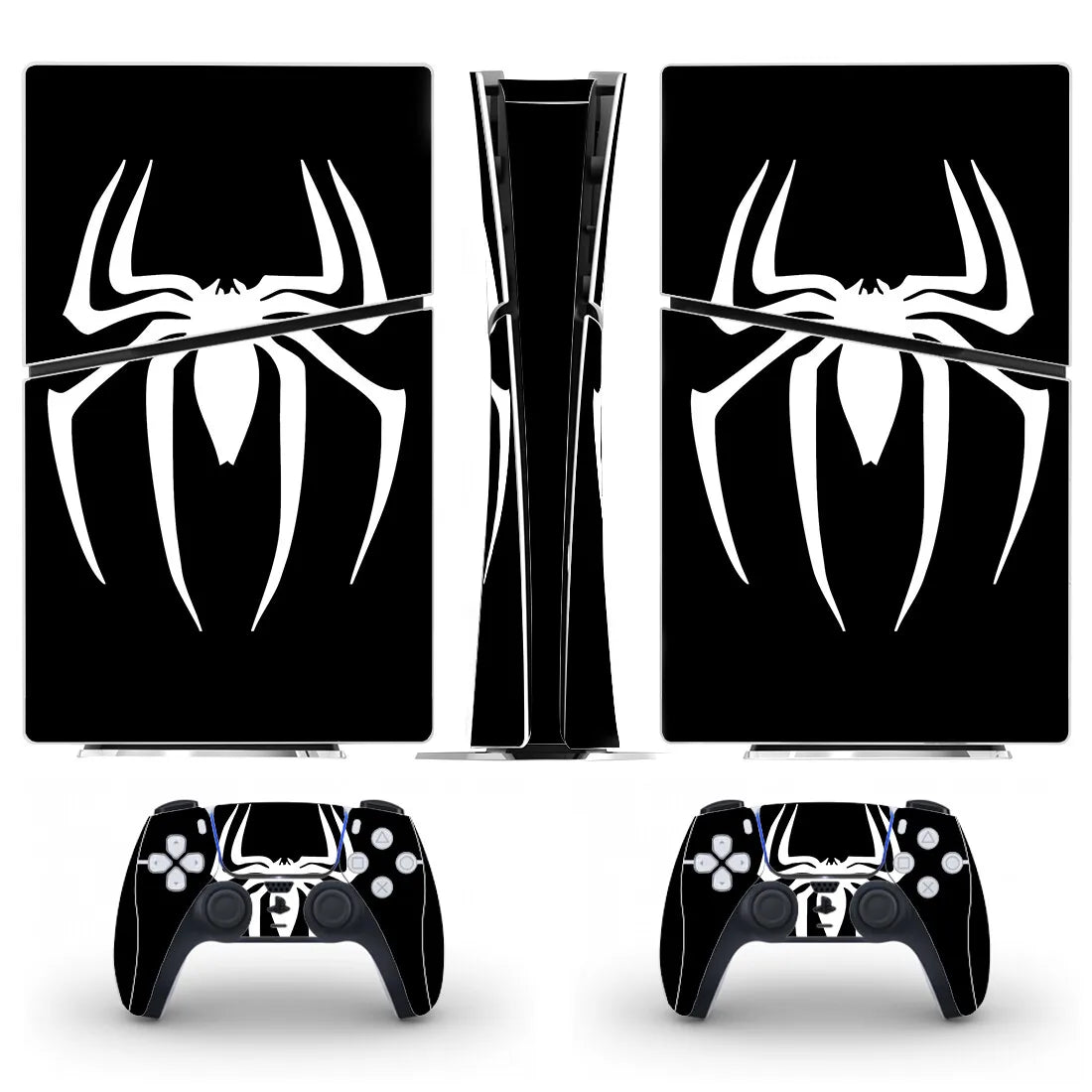 Gaming console and controllers with spider-themed decal on a white background