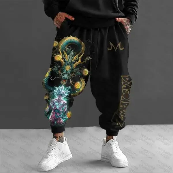 Chinese Pure Cotton Mens Black Harem Pants New Goku Print Loose Fit Autumn Casual Trousers Extra Large Size High Quality