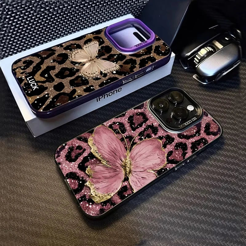 Animal Butterfly Leopard Print Phone Case For iPhone 16 Pro Max 16E 15 14 Plus 13 12 11 Pro X XS XR 7 8 Plus SE Shockproof Cover