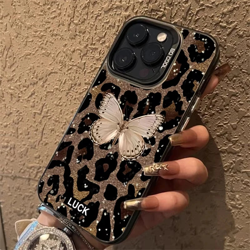 Animal Butterfly Leopard Print Phone Case For iPhone 16 Pro Max 16E 15 14 Plus 13 12 11 Pro X XS XR 7 8 Plus SE Shockproof Cover