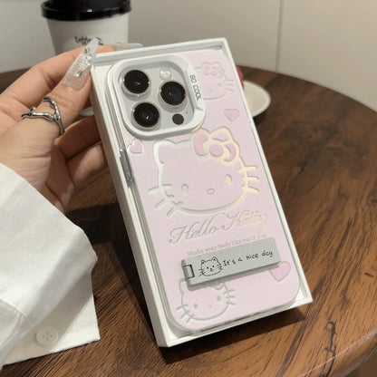 Luxury Pink HelloKitty With Bracket Phone Case For iPhone 17 16 15 14 13 12 11 ProMax XR XS 8 Plus Soft Anti Drop Silicone Cover