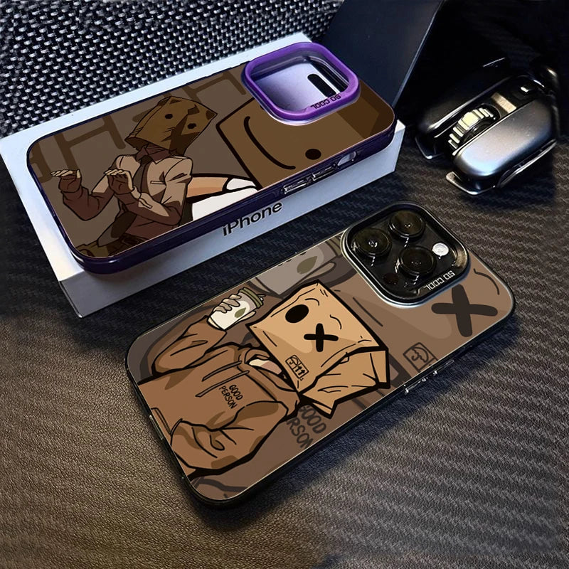 Cartoon Box Man Pattern Plating Phone Case for iPhone 16 15 14 13 12 11 Pro Max 16E XS X XR 7 8 Plus SE2 Shockproof Matte Cover