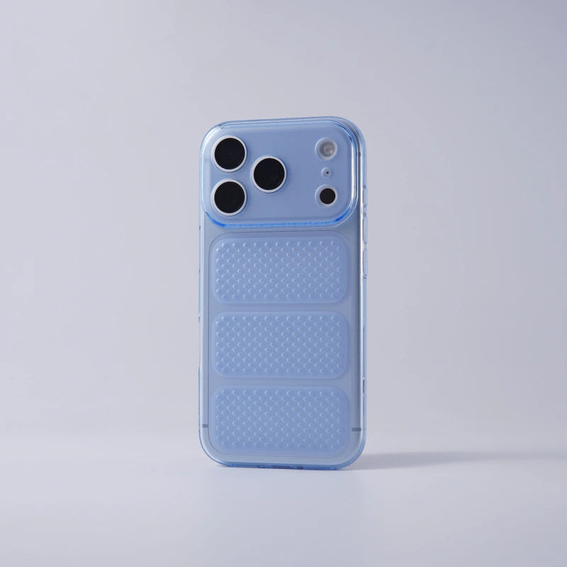 A light blue translucent protective phone case with a textured honeycomb pattern, shown on a smartphone against a clean, light gray background.