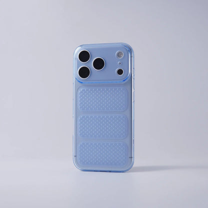 A light blue translucent protective phone case with a textured honeycomb pattern, shown on a smartphone against a clean, light gray background.