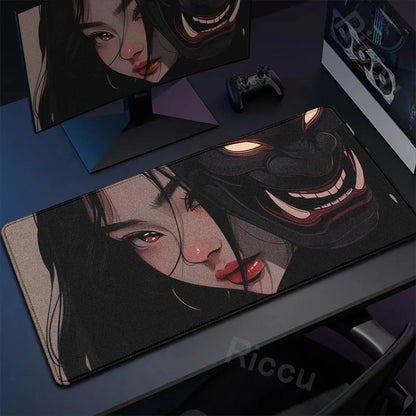 40x90cm Gaming Samurai Oni Mouse Pad Japan Mask Girl Deskmat Large Gamer Professional Premium Mousepad Speed Control Accessories