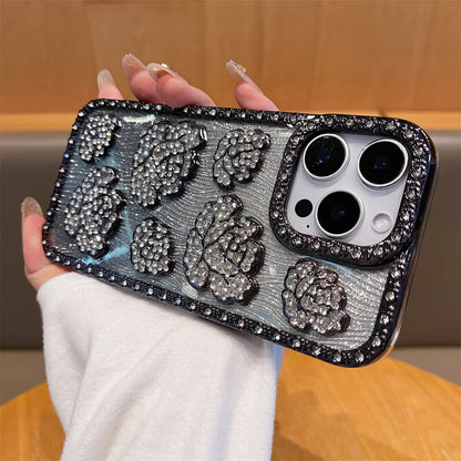 Fashion 3D Diamond Rose Phone Case for iPhone 16 15 14 13 11 12 Pro Max 16 Plus Bling Shiny Gradient Shockproof TPU Soft Cover