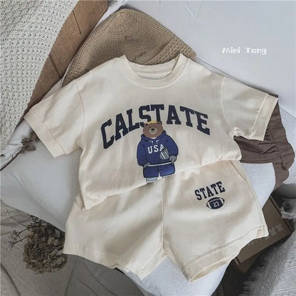 Summer Toddler Baby Girl Solid Cotton Clothes Short Sleeve Cartoon Bear Printed T-shirts and Shorts 2pcs Set Kid Boy Tracksuits - ST Superstore