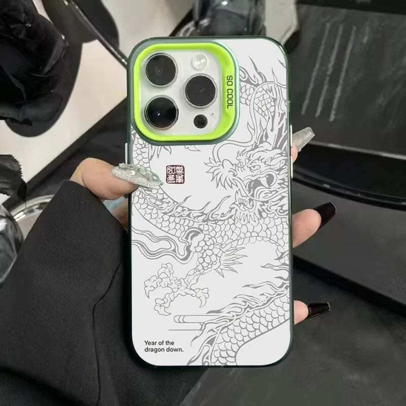 Phone case with dragon design held by a hand