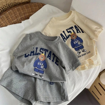 Summer Toddler Baby Girl Solid Cotton Clothes Short Sleeve Cartoon Bear Printed T-shirts and Shorts 2pcs Set Kid Boy Tracksuits - ST Superstore