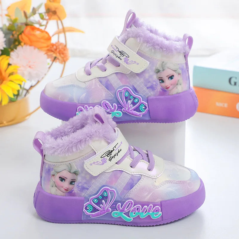 Children Sneakers Girls Fashion Cartoon Mid-top Sneaker Warm Winter Cotton Soft Sole Non-slip Casual Shoes Size 26-36