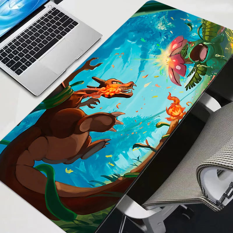Desk setup with a colorful dragon-themed mouse pad, laptop, and chair.