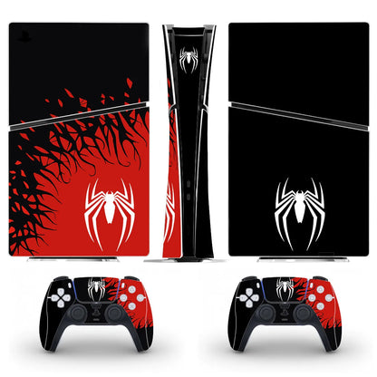 Gaming console and controller set with Spider-Man design on a white background