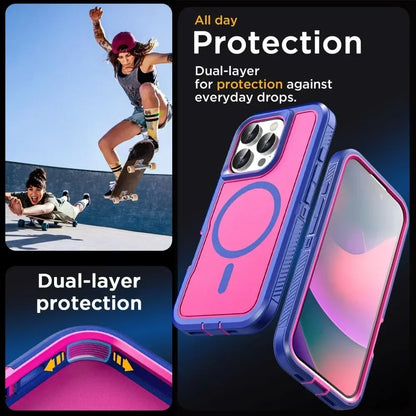 Phone case with dual-layer protection feature, shown with a skateboarder in action.