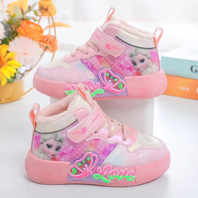 Children Sneakers Girls Fashion Cartoon Mid-top Sneaker Warm Winter Cotton Soft Sole Non-slip Casual Shoes Size 26-36