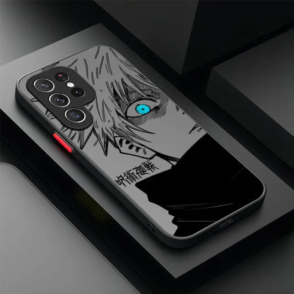 A clear smartphone case with a black-and-white anime character print and a bright blue eye detail, shown on a dark display surface.