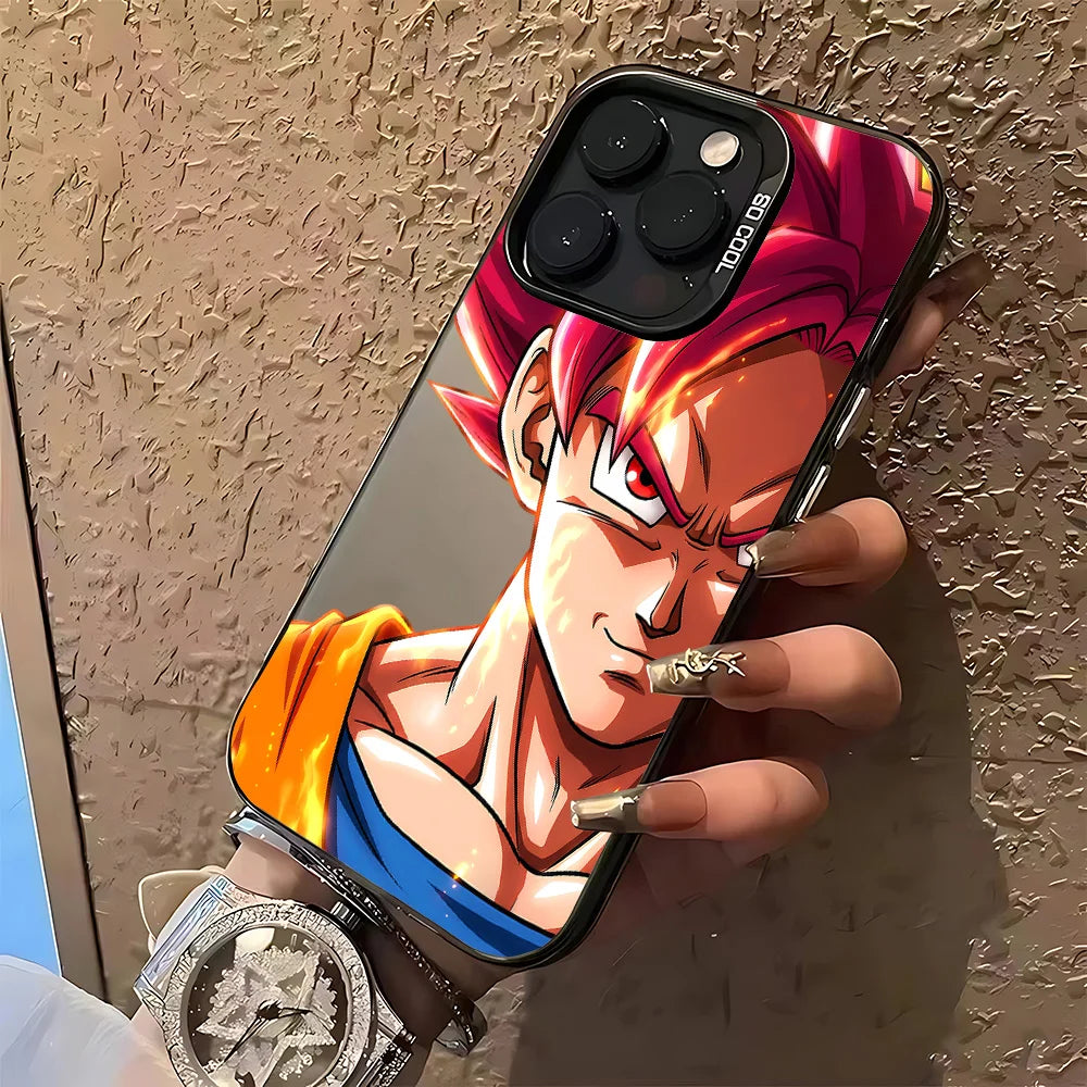 A hand holding a black phone case featuring an anime character with red hair and an orange and blue outfit, shown against a textured beige wall.