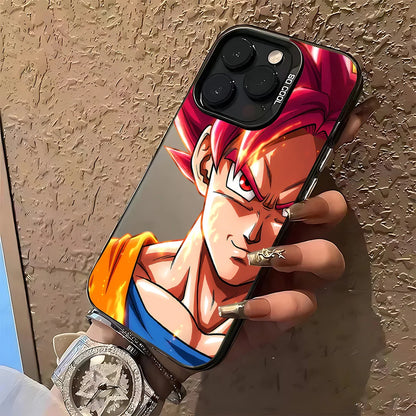 A hand holding a black phone case featuring an anime character with red hair and an orange and blue outfit, shown against a textured beige wall.