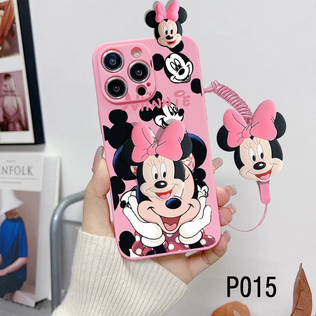 Cartoon Case With Holder Rope Cover For iPhone 16 15 14 13 12 Mini 11 Pro X XS Max XR 7 8 6 6S Plus SE 2022