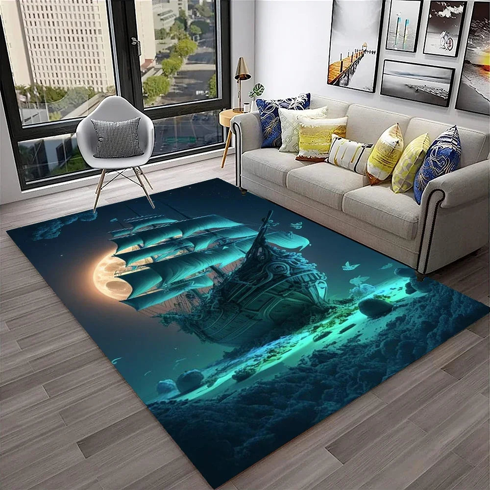 3D Pirate Ship Boat,Sailboat,Barque Carpet Rug for Home Living Room Bedroom Sofa Doormat Decor,kids Area Rug Non-slip Floor Mat
