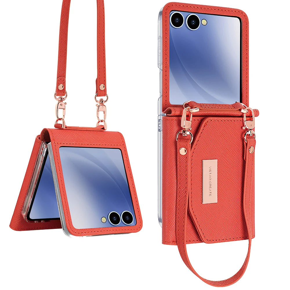 VIETAO Dark Red PU Leather Wallet Phone Case with Wrist Strap for Galaxy Z Flip 7/6/5/4/3 Women's Fashionable Phone Cover Case