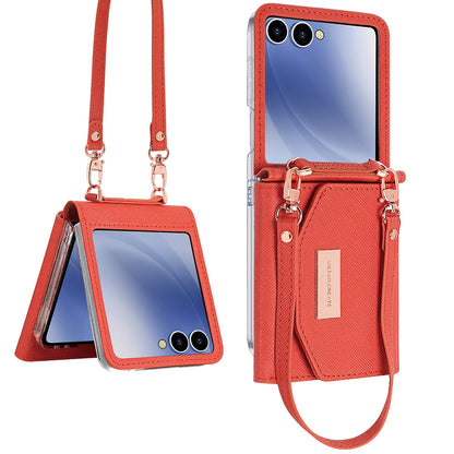 VIETAO Dark Red PU Leather Wallet Phone Case with Wrist Strap for Galaxy Z Flip 7/6/5/4/3 Women's Fashionable Phone Cover Case
