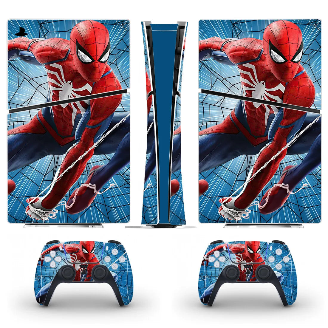 Gaming console and controller skin with Spider-Man design on a white background