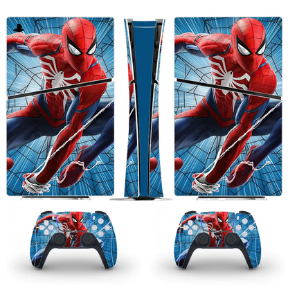 Gaming console and controller skin with Spider-Man design on a white background