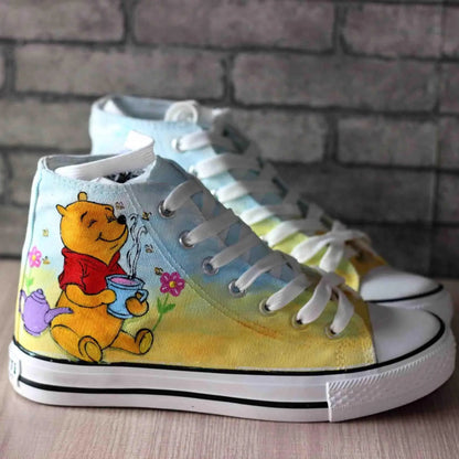 Real Pictures Good  2024 Casual Canvas Shoes Hand-painted Winnie The Pooh Bear Custom Shoes Large Size High-top Lace-up Shoes