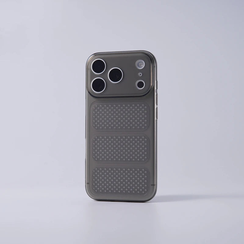 A dark gray protective phone case with a textured honeycomb pattern on the lower half and a raised camera bumper, shown on a light gray background.