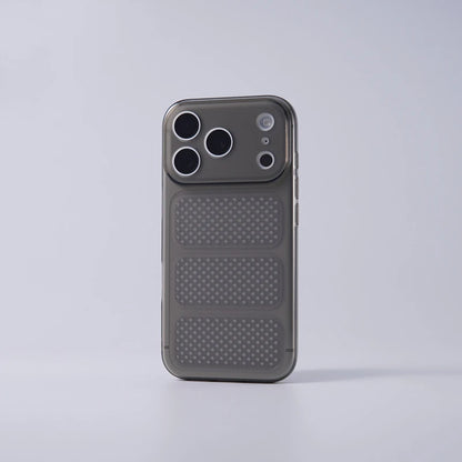 A dark gray protective phone case with a textured honeycomb pattern on the lower half and a raised camera bumper, shown on a light gray background.