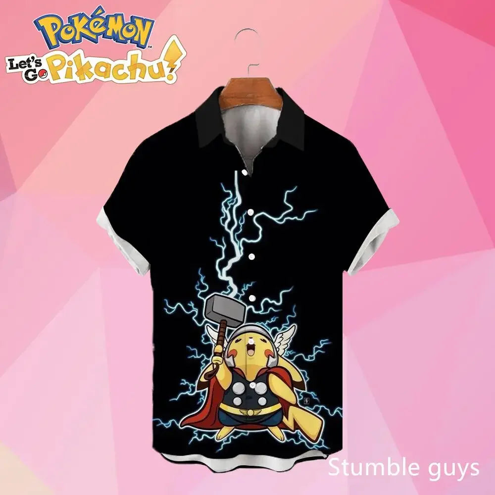 Pokemon Pikachu Hawaiian Men's Shirts 3D Printed Men's Summer Beach Oversize Anime Short-sleeved T-shirt