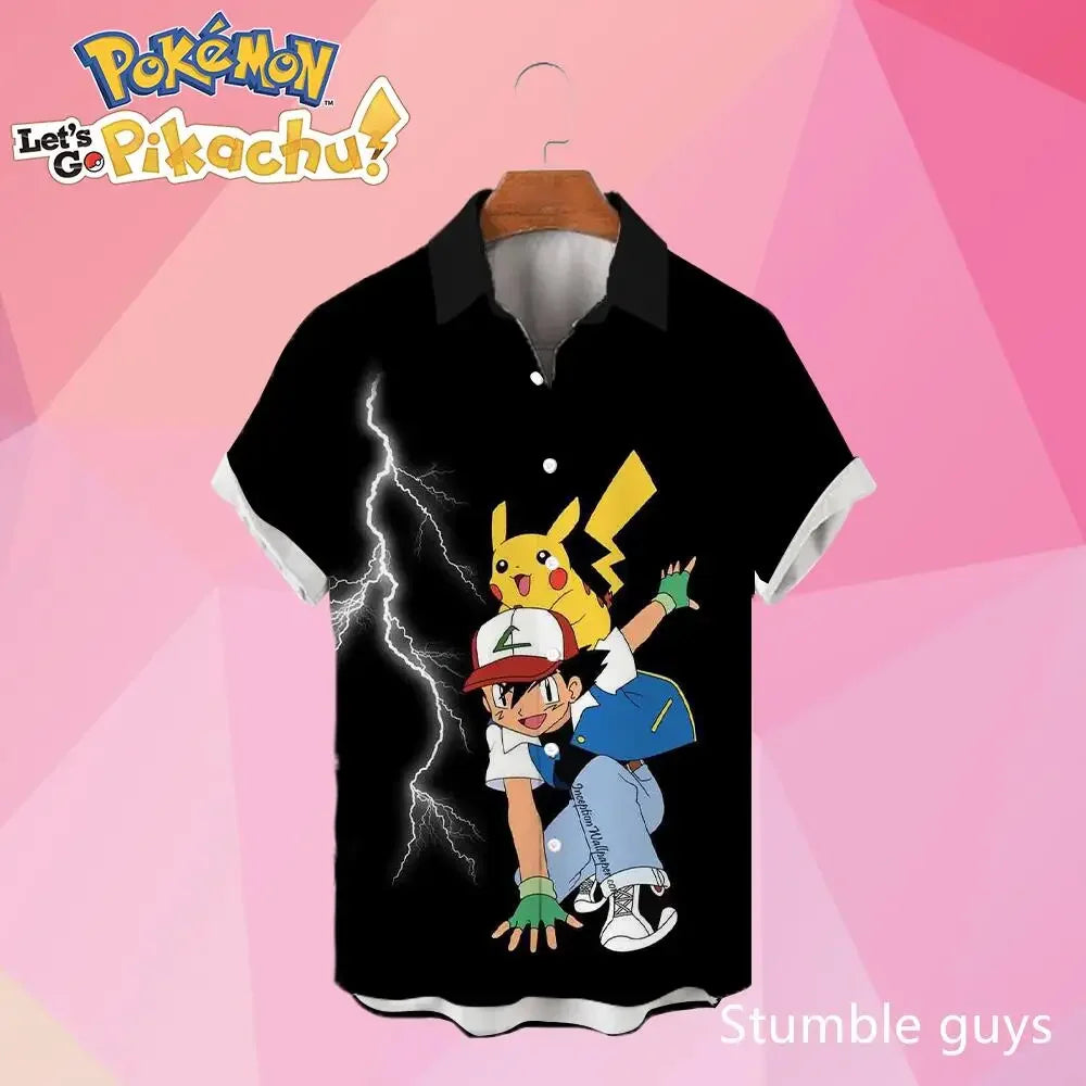 Pokemon Pikachu Hawaiian Men's Shirts 3D Printed Men's Summer Beach Oversize Anime Short-sleeved T-shirt