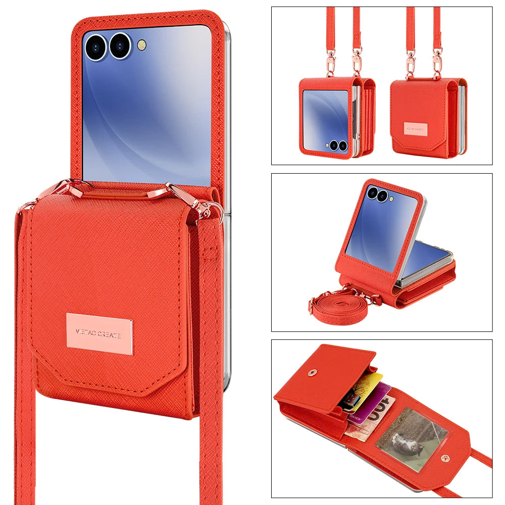 VIETAO Girls' PU Leather Z Flip 7 Card Wallet Phone Case With Crossbody Strap Compatible With Galaxy Z Flip 7 Flip6 Flip5 z4 z3