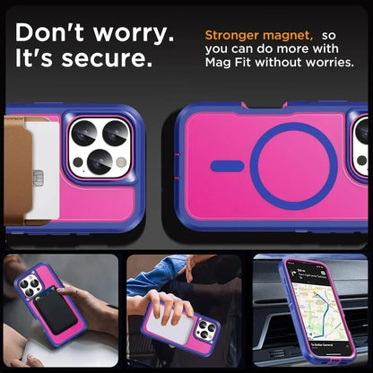 Collage of pink and blue phone cases with text about a stronger magnet system.