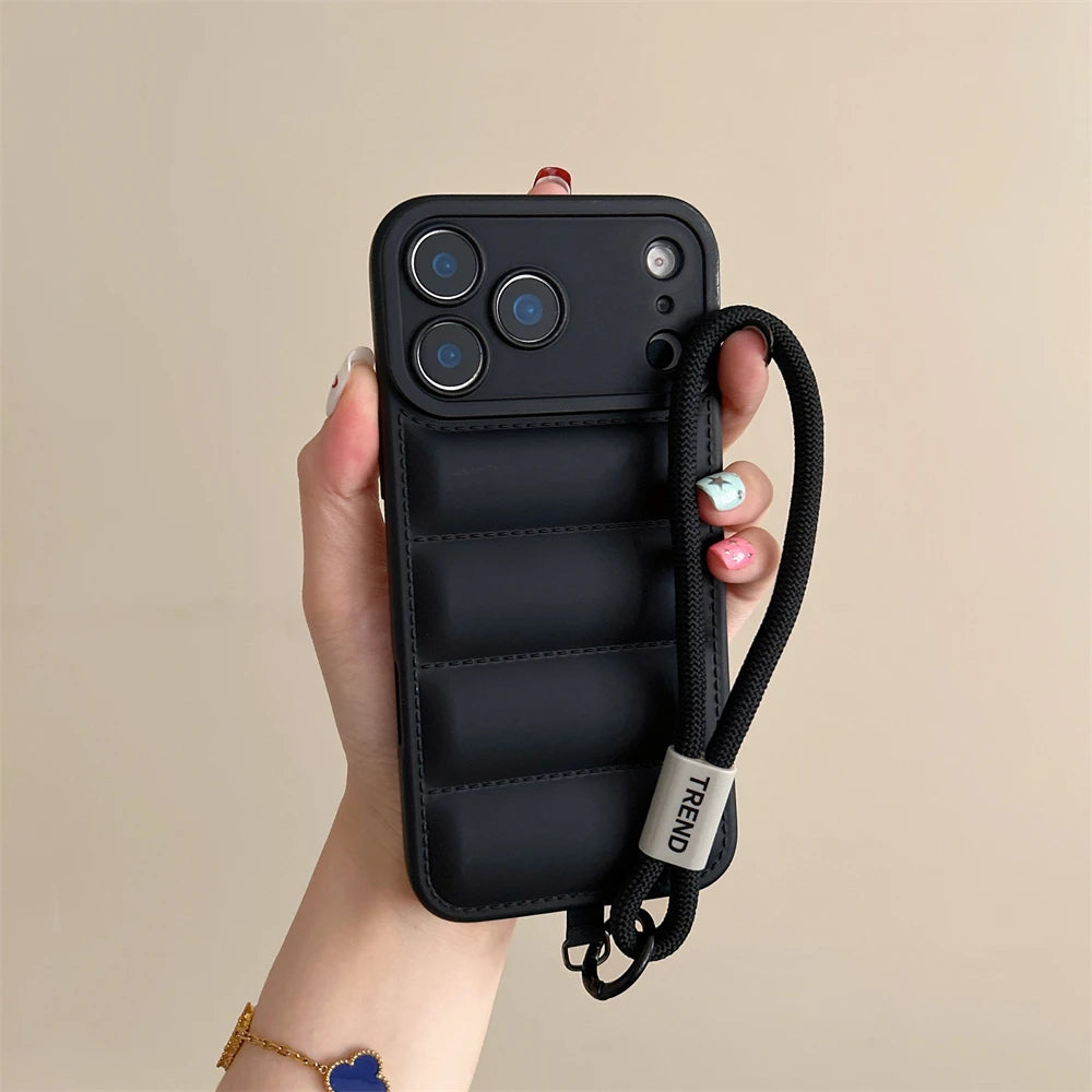 Soft Down Jacket Silicone Case For iPhone 17 16 15 14 13 12 11 Pro Max Plus Air Shockproof Camera Protection Wrist Strap Cover