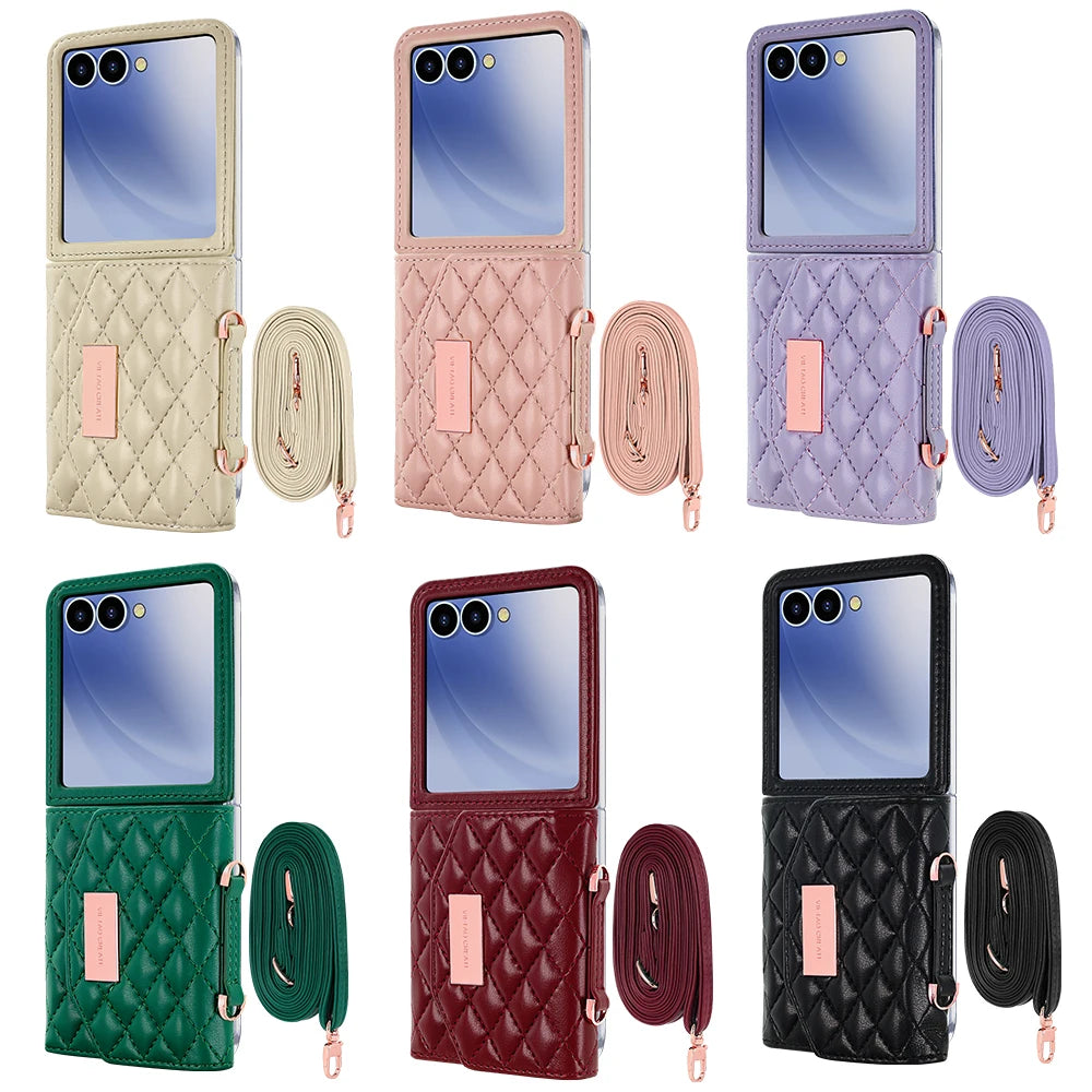 VIETAO Luxury Soft PU Leather Wallet Phone Case for Galaxy Z Flip 7/6/5/4/3 with Crossbody Strap - Durable Protective Cover