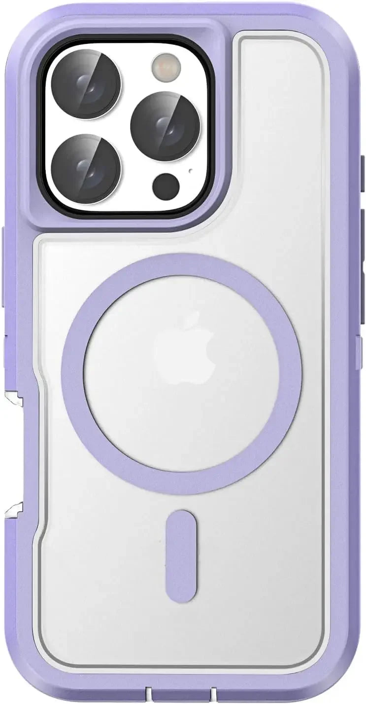 Purple phone case with camera and MagSafe ring compatibility on a white background