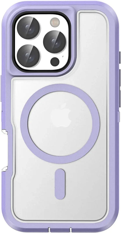 Purple phone case with camera and MagSafe ring compatibility on a white background