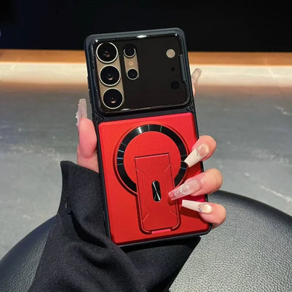 Red phone case with a unique design held by a person.