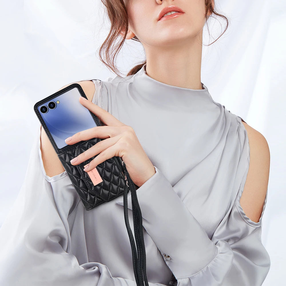 VIETAO Luxury Soft PU Leather Wallet Phone Case for Galaxy Z Flip 7/6/5/4/3 with Crossbody Strap - Durable Protective Cover