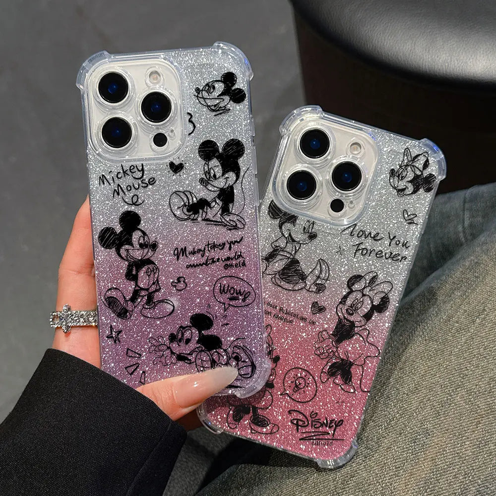 Black Sketch Cartoon Phone Case For iPhone 16 15 14 13 12 11 Mini Pro Max X XR XSMax 7 8 Plus Anti Fall Bling Clear Cover