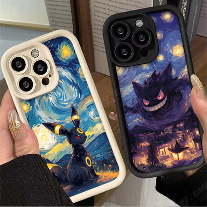 Oil Painting P-Pokemon Case for iPhone 14 15 Pro Max 13 12 11 X XS XR 7 8 Plus SE 2020 Shockproof Soft Silicone Protective Cover
