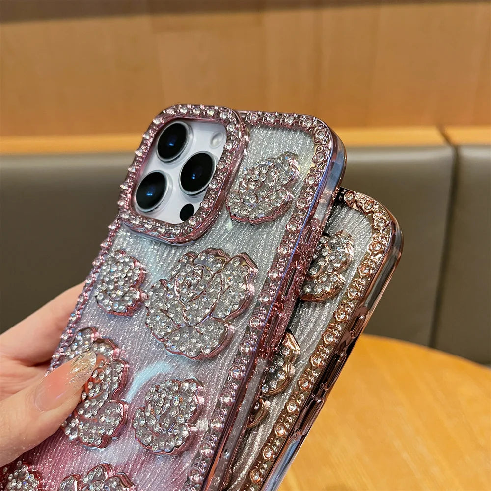 Fashion 3D Diamond Rose Phone Case for iPhone 16 15 14 13 11 12 Pro Max 16 Plus Bling Shiny Gradient Shockproof TPU Soft Cover