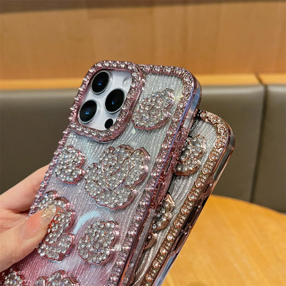 Fashion 3D Diamond Rose Phone Case for iPhone 16 15 14 13 11 12 Pro Max 16 Plus Bling Shiny Gradient Shockproof TPU Soft Cover