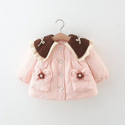 Sweet Bow Baby Girl Long Sleeved Coat From 9 Months To 3 Years Old, Winter New Brown Flower Children'S Clothing