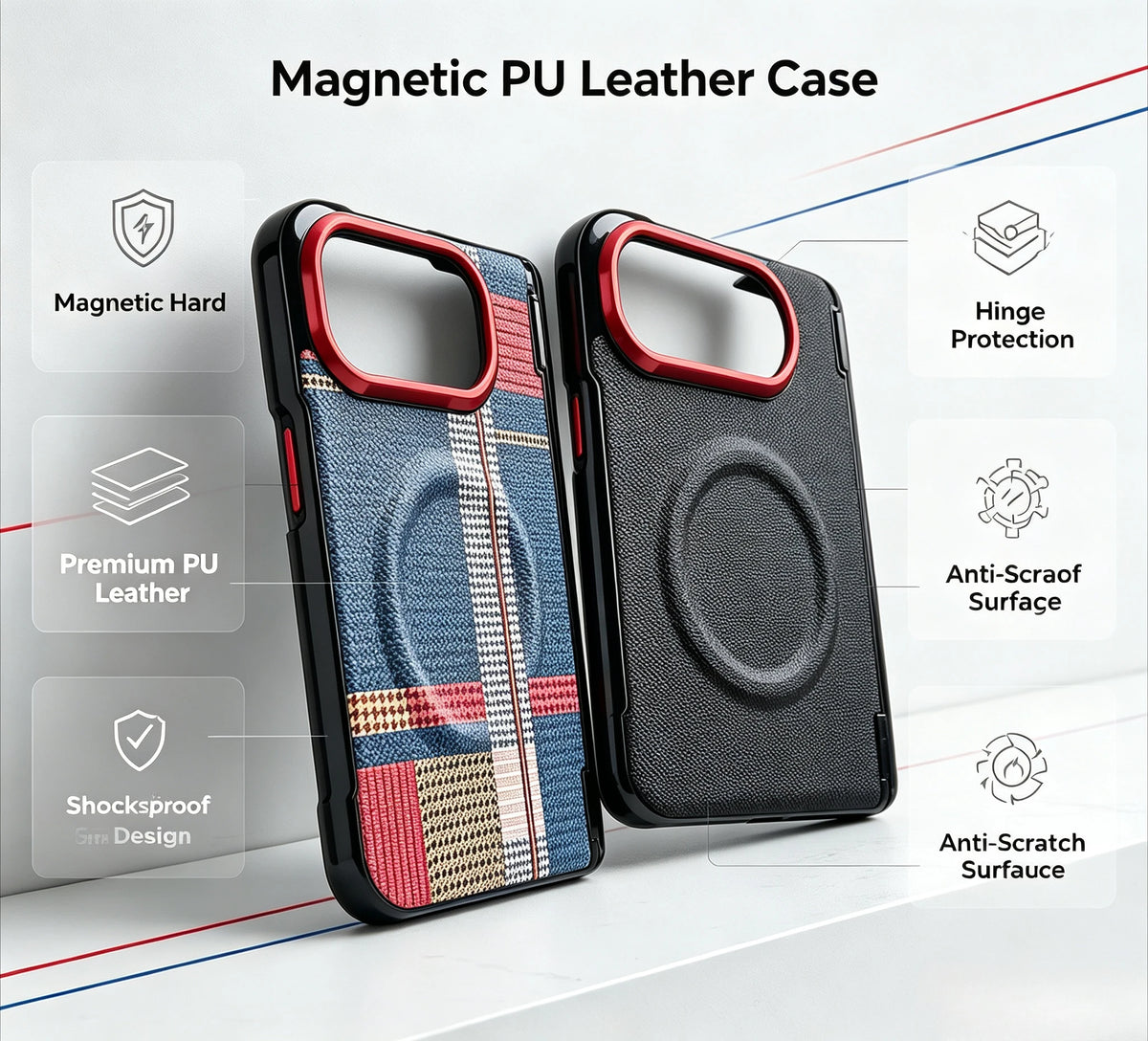 Two magnetic PU leather phone cases displayed on a light gray background with feature callouts. One case has a blue, red, and beige plaid pattern, and the other is solid black with a circular MagSafe ring.