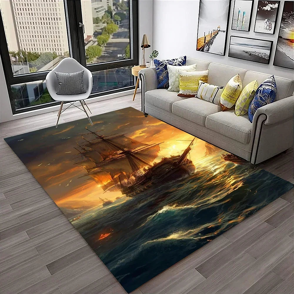 3D Pirate Ship Boat,Sailboat,Barque Carpet Rug for Home Living Room Bedroom Sofa Doormat Decor,kids Area Rug Non-slip Floor Mat